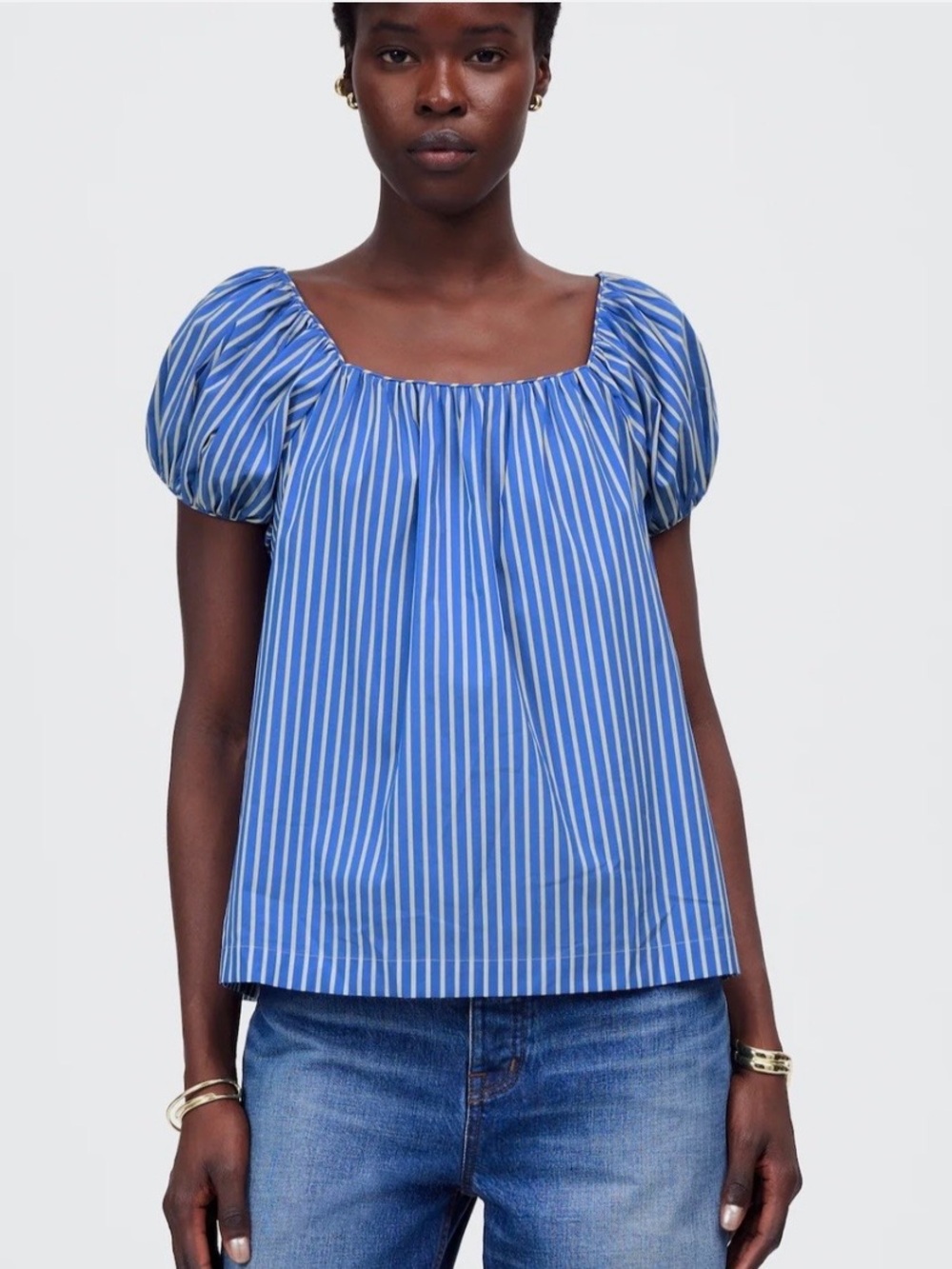 Madewell Blue Striped Puff-Sleeve Square Neck Top NWOT